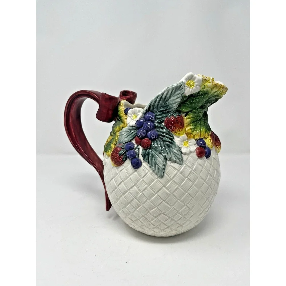 Fitz & Floyd‎ Berry Patch 1995 Ribbon Handle Pitcher Bouquet Holder